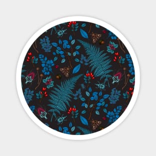 Forest berries, leaves and bugs in blue, red and graphite black Magnet